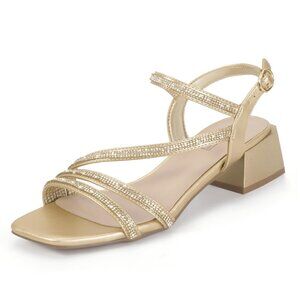 Idifu Size 8.5 Heeled Sandals Slingback Gold Rhinestone Strappy Chunky Heels